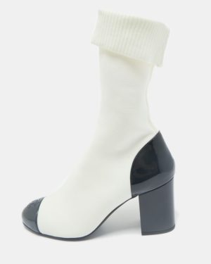 Chanel White/Black Patent Leather and Stretch Fabric CC Sock Ankle Length Boots Size 39.5