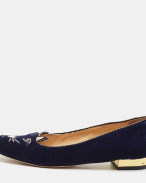 Charlotte Olympia Navy Blue Velvet Kitty Ballet Flats Size 39