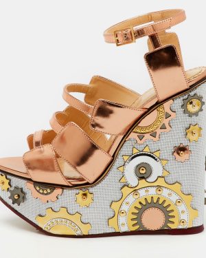 Charlotte Olympia Rose Gold Leather Platform Wedge Sandals Size 37