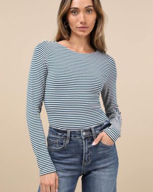 Charming Necessity White and Teal Striped Long Sleeve Bodysuit