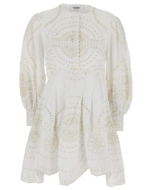 Charo Ruiz asahi White Dress With All-over Embroidery Design And Pleated Skirt In Cotton And Linen Blend Woman