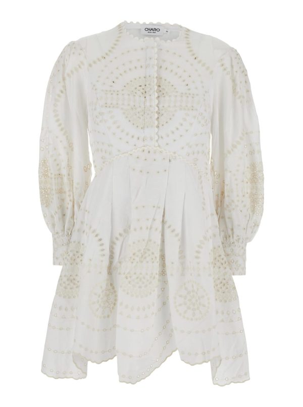 Charo Ruiz asahi White Dress With All-over Embroidery Design And Pleated Skirt In Cotton And Linen Blend Woman