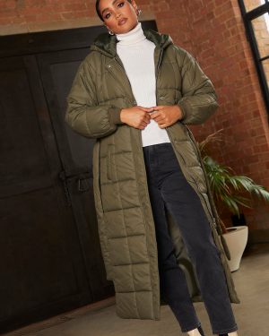 Check Padded Longline Belted Coat in Khaki - 8
