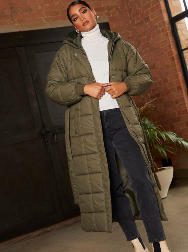 Check Padded Longline Belted Coat in Khaki - 8