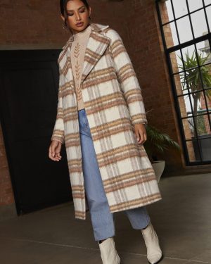 Check Wrap Tie Waist Coat in Cream - 8