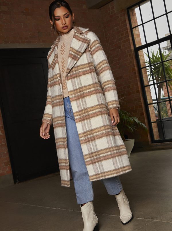 Check Wrap Tie Waist Coat in Cream - 8