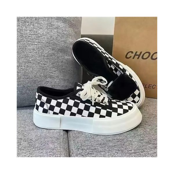 Checkerboard Plaid Canvas Shoes Women Platform Espadrilles Sneakers Harajuku Casual Lace Up Flats
