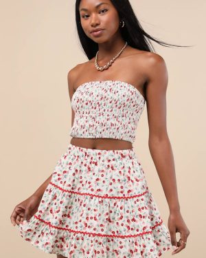 Chelan White Cherry Print Tiered Mini Skirt