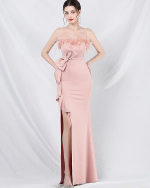 Chic Party Dress Feather Bow Ruffles Cascade Pleats Trending Maxi Dress