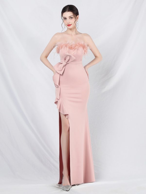 Chic Party Dress Feather Bow Ruffles Cascade Pleats Trending Maxi Dress