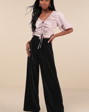 Chic Splendor Black Velvet Pleated High-Rise Wide-Leg Pants