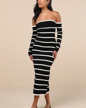Chicest Side Black Striped Off-the-Shoulder Midi Sweater Dress