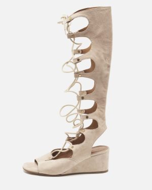 Chloe Beige Suede Gladiator Wedge Ankle Wrap Sandals Size 36.5