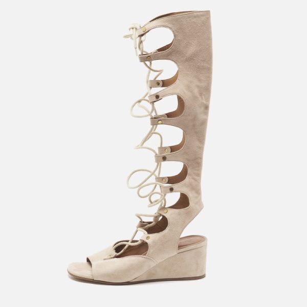 Chloe Beige Suede Gladiator Wedge Ankle Wrap Sandals Size 36.5