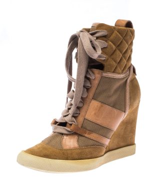 Chloe Beige/Brown Suede Leather And Canvas Lace Up Wedge Ankle Boots Size 38