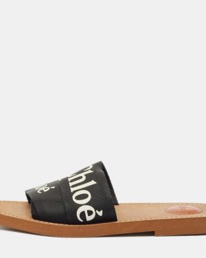 Chloe Black Canvas Logo Ribbon Woody Flat Slide Sandals Size 39