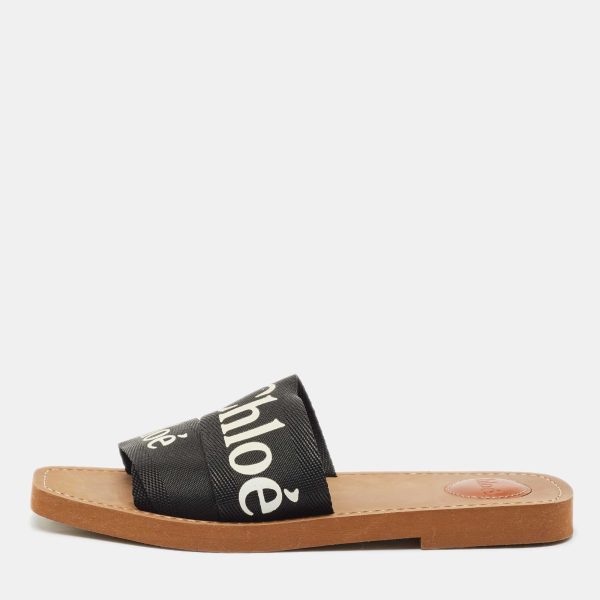 Chloe Black Canvas Logo Ribbon Woody Flat Slide Sandals Size 39