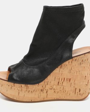 Chloe Black Leather Cork Wedge Cut Out Boots Size 38.5