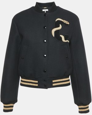 Chloe Black Snake Embroidered Wool Drill Bomber Jacket S