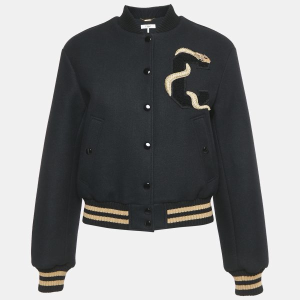 Chloe Black Snake Embroidered Wool Drill Bomber Jacket S