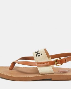 Chloe Brown Canvas and Leather Woody Thong Slingback Flat Sandals Size 41