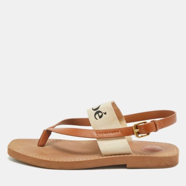 Chloe Brown Canvas and Leather Woody Thong Slingback Flat Sandals Size 41