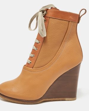 Chloe Brown Leather Lace Up Wedge Ankle Boots Size 37.5