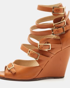 Chloe Brown Leather Strappy Buckle Wedge Sandals Size 36.5