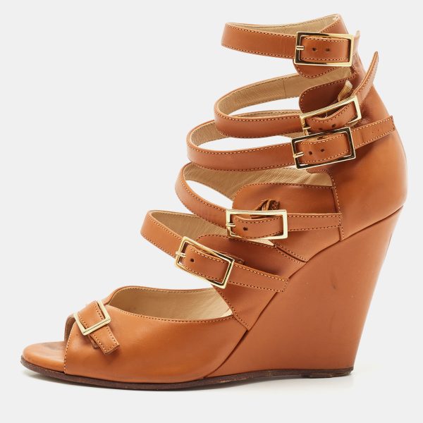 Chloe Brown Leather Strappy Buckle Wedge Sandals Size 36.5