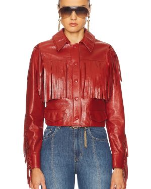 Chloe Fringe Leather Jacket in Plaid Red - Red. Size 38 (also in ).