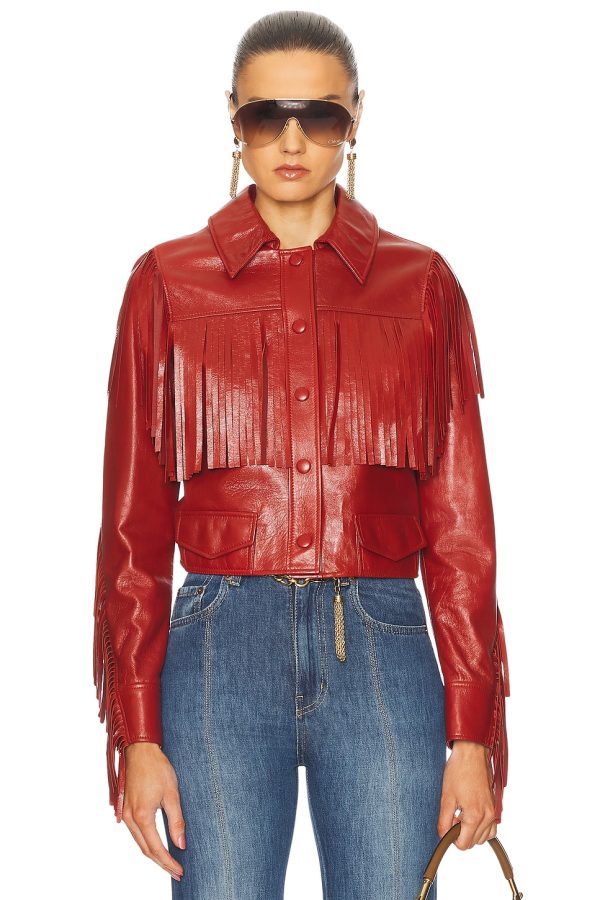 Chloe Fringe Leather Jacket in Plaid Red - Red. Size 38 (also in ).
