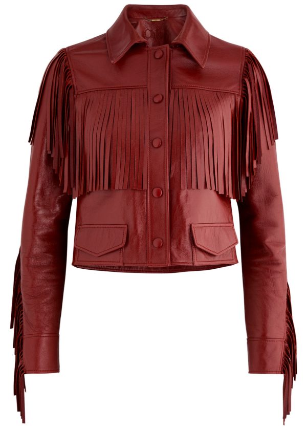 Chloe Fringed Glossed Leather Jacket - Red - 40 (UK12 / M)