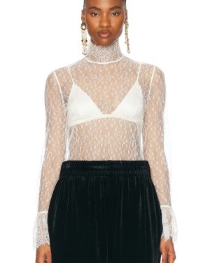 Chloe High Neck Long Sleeve Lace Blouse in Iconic Milk - White. Size 34 (also in 36, 38, 40).