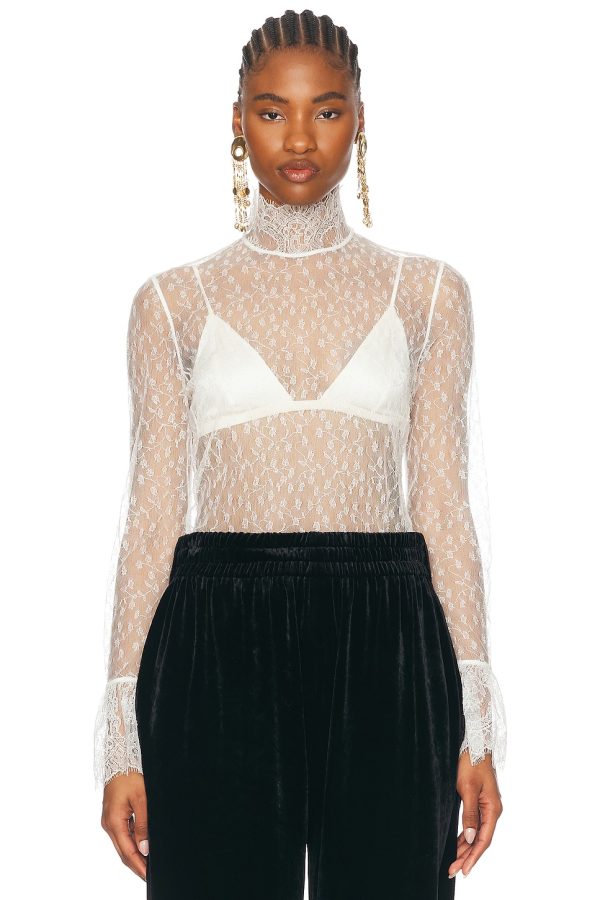 Chloe High Neck Long Sleeve Lace Blouse in Iconic Milk - White. Size 34 (also in 36, 38, 40).