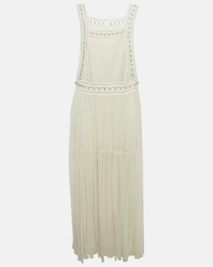 Chloé Milk White Lace and Crepe Silk Metal Ring Detail Maxi Dress M