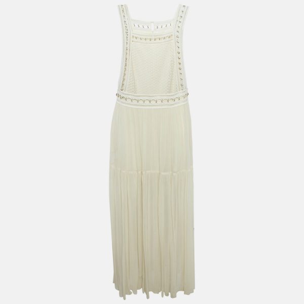 Chloé Milk White Lace and Crepe Silk Metal Ring Detail Maxi Dress M