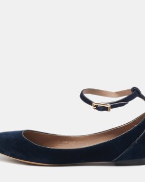 Chloe Navy Blue Velvet Ankle Strap Ballet Flats Size 38