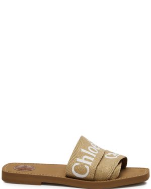 Chloe Woody Logo Canvas Sliders - Tan - 38 (IT38 / UK5)
