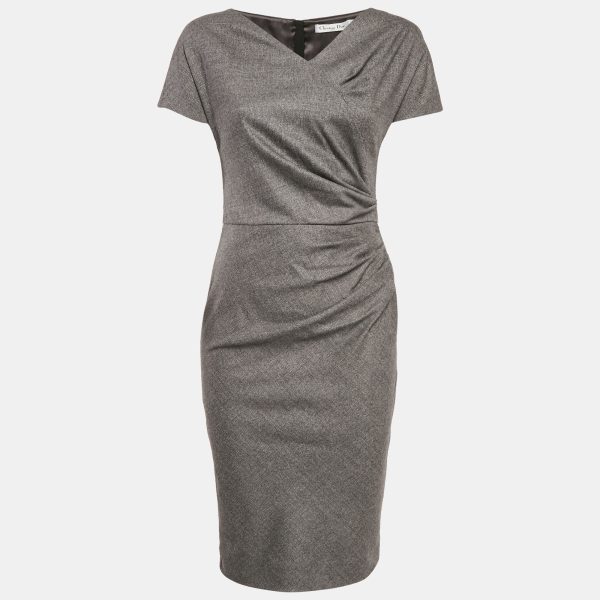 Christian Dior Grey Wool Pleated Sheath Dress S