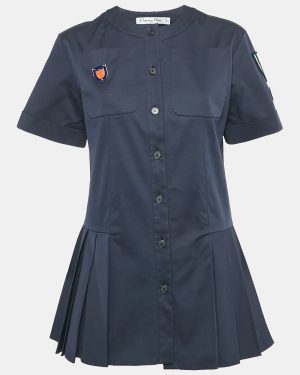 Christian Dior Navy Blue Applique Detail Pleated Mini Dress M