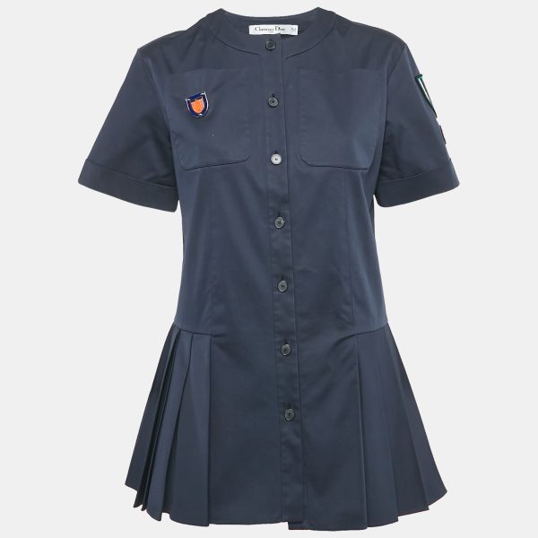 Christian Dior Navy Blue Applique Detail Pleated Mini Dress M