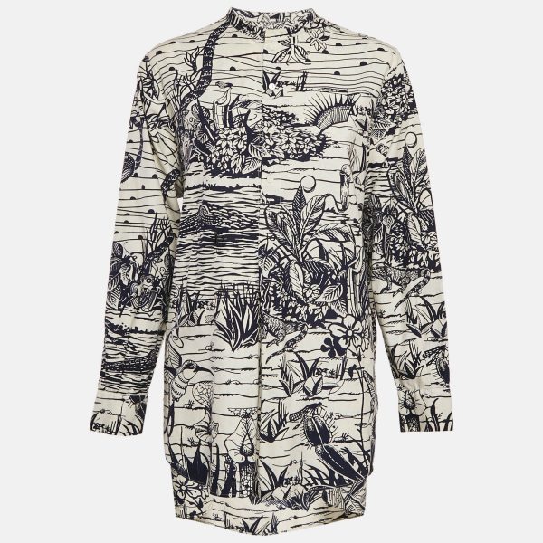 Christian Dior White/Blue Cotton Printed Tunic Top L