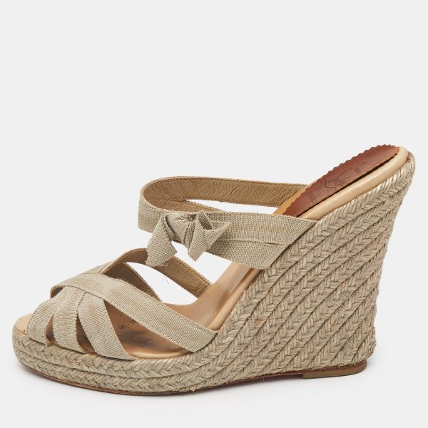 Christian Louboutin Beige Fabric Delfin Espadrille Wedge Sandals Size 39