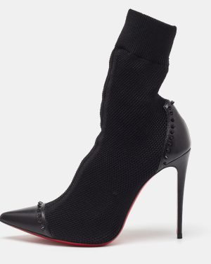 Christian Louboutin Black Knit Fabric and Leather Spikes Dovi Dova Socks Ankle Boots Size 40.5