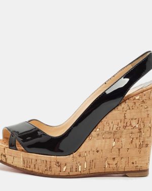 Christian Louboutin Black Patent Leather Cork Wedge Sandals Size 36