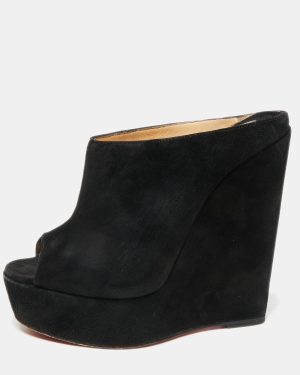 Christian Louboutin Black Suede Affiche Peep-Toe Wedge Slide Sandals Size 36