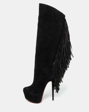 Christian Louboutin Black Suede Interlopa Fringe Detail Knee Length Platform Boots Size 36