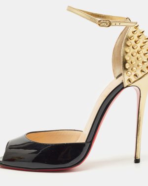 Christian Louboutin Black/Gold Patent Leather Pina Spike Sandals Size 37.5