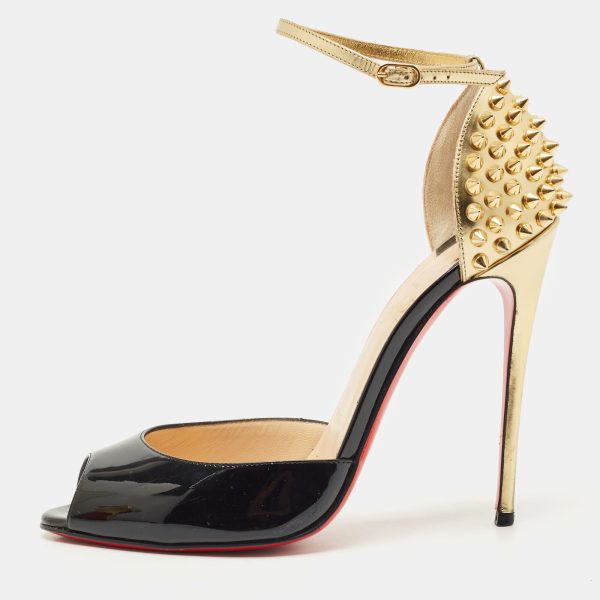 Christian Louboutin Black/Gold Patent Leather Pina Spike Sandals Size 37.5