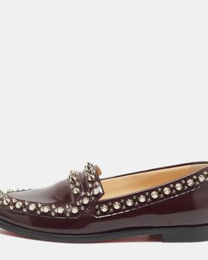 Christian Louboutin Burgundy Leather Spike Embellished Slip On Loafers Size 36.5